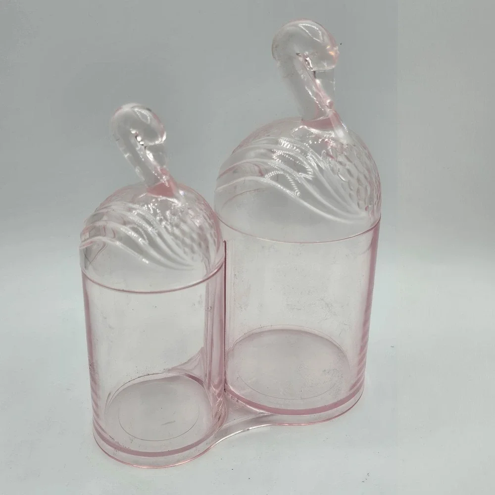Vintage Rare Flamingo Pink Plastic Cotton Ball and Q Tip Holder Vanity Dresser
